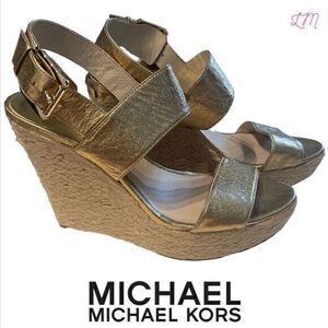 Michael Kors Posey Espadrille Wedge Platform Sandal Size 9 Metallic Gold Leather